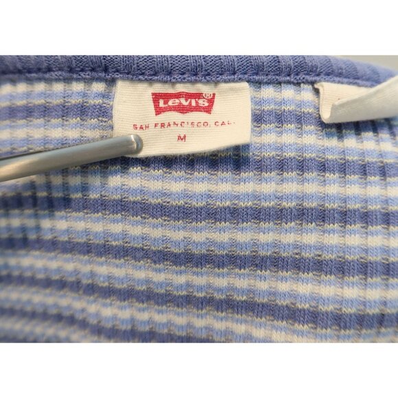 LEVIS Britt Slim Fit Cropped Striped Ribbed Pearl Snap Knit Top Size M Blue Y2K - Picture 5 of 6